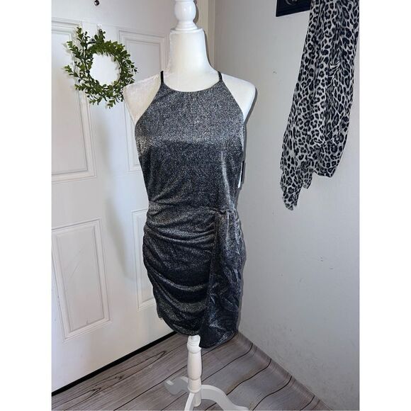 By and By Junior’s Silver Drape-front Sleeveless Mini Dress. (Lg) - Picture 3 of 7